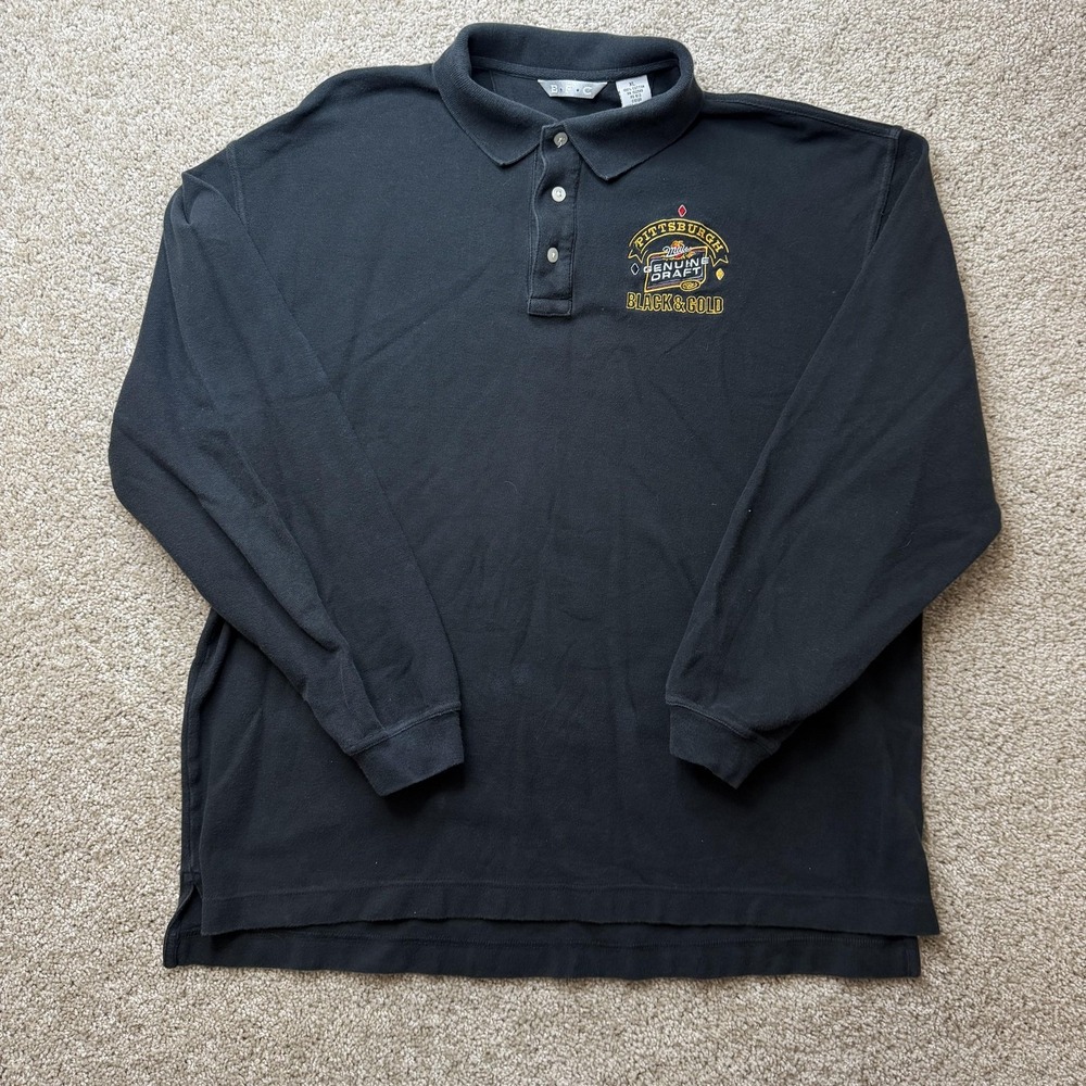Vintage 90s Miller Draft Polo Shirt Mens XL Long Sleeve Pittsburgh Steelers Beer
